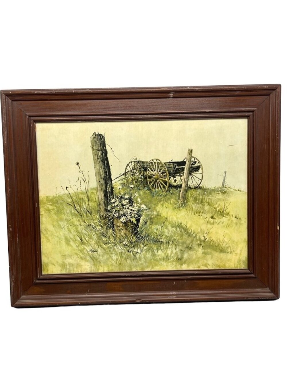 vintage wood framed print wagon fence floral landscape signed Daisys 19x15" READ